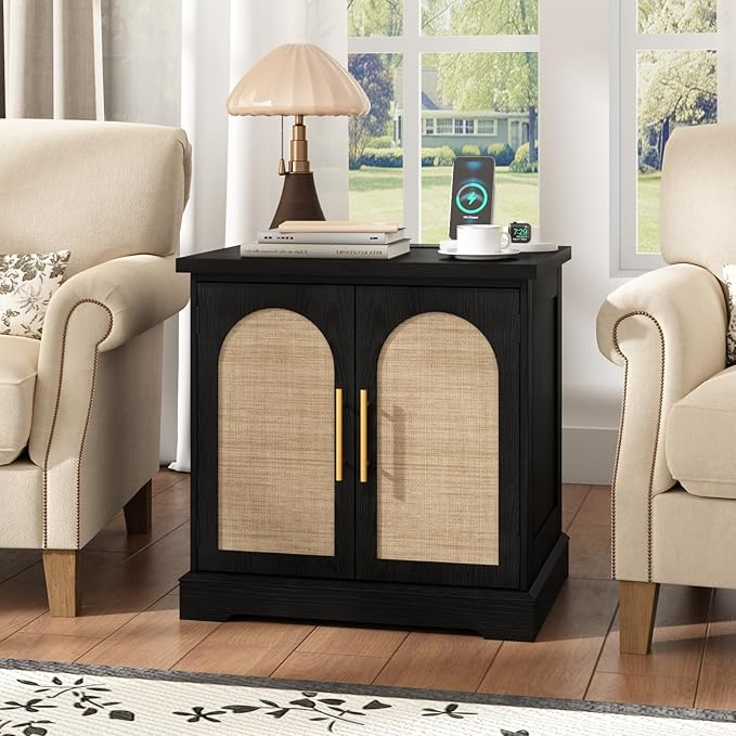 Set of 2 Rattan End Table with Charging Station, 24" Large Sofa Side Table with 2 Arched Doors, Boho Wood Square Nightstand Bedside Tables with Adjustable Storage Shelf
