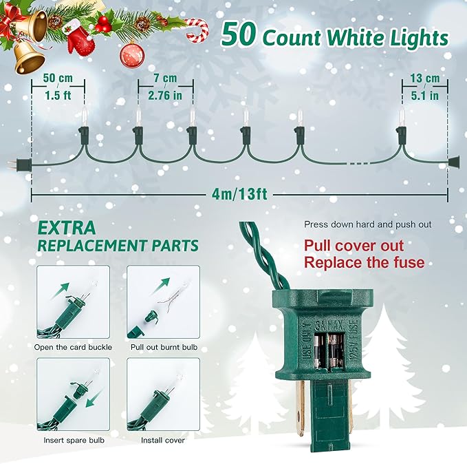 HEYFUNi Clear Christmas Lights 50Count 13Feet White Christmas Tree Lights Set, Incandescent Bulb Mini String Lights for Indoor Outdoor Tree Party Weeding Home Xmas Holiday Decorations, Green Wire