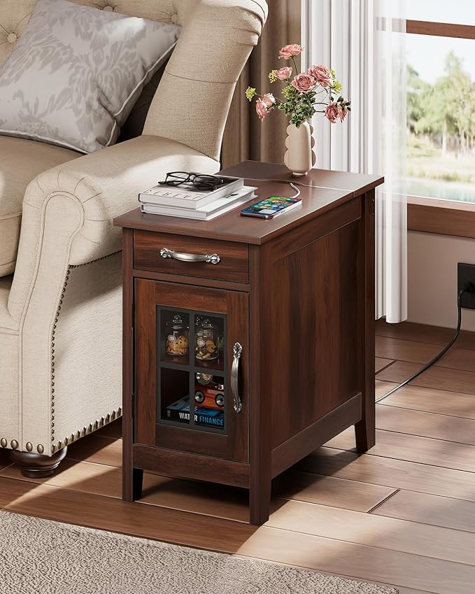 WLIVE End Table with Charging Station, Narrow Side Table for Living Room, Farmhouse Night Stand with Storage, Small Wooden Cabinet Nightstand with USB Ports and Outlets, 23.7" D x 13.78" W x 23.7" H
