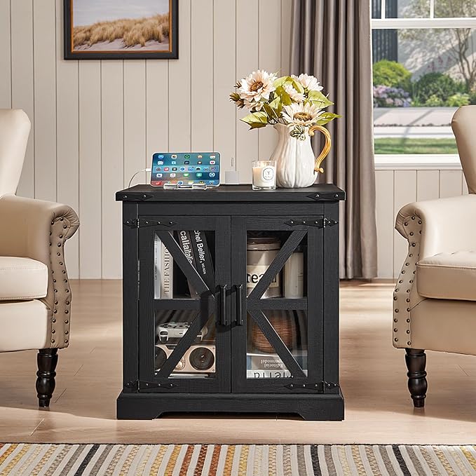 End Tables Living Room Set 2, 18'' Night Stand and 24" Square Side Table with Charger Station, Wood Furniture Sets, Nightstand Bedside End Table for Bedroom
