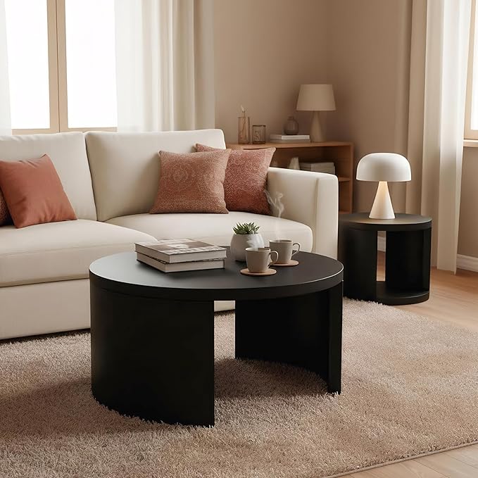 Round Coffee Table Set of 2, Nesting Coffee Tables with Storage,Living Room Table Set,Modern Wood Center Table for Living Room,Apartment,31.5" & 18" Coffee Table Set,Black