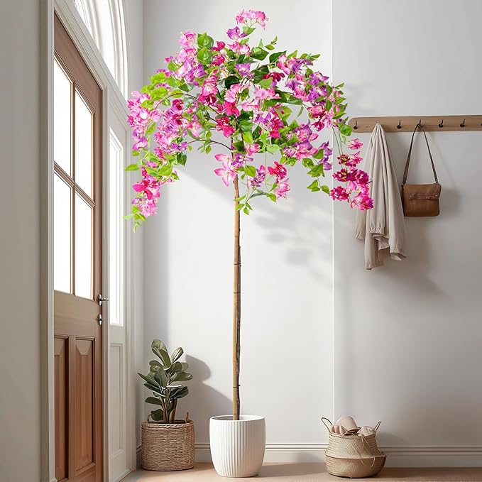 6FT Artificial Bougainvillea Tree Artificial Tree Tall Potted Fake Bougainvillea Trees for Outdoor Indoor Lifelike Potted Faux Plants with Wood Trunk and Flowers Office Wedding Home Decor