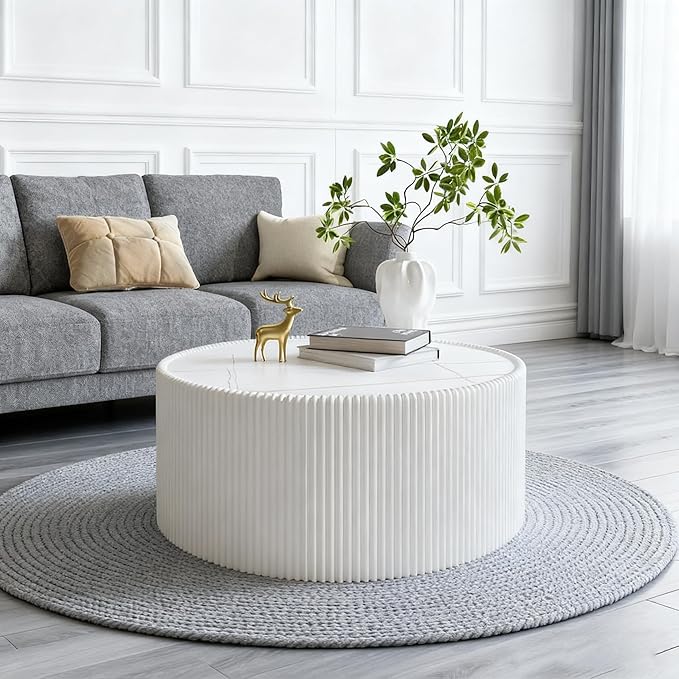 Round Living Room Table Set, 29.52" White Drum Center Table and 17.71" Grey Coffee Table Set, 2 Pieces Coffee Table Set with Sintered Stone Tabletop, Fluted PU Leather Covered and StableBase