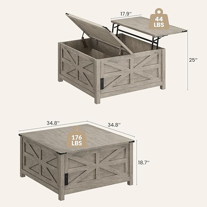 Farmhouse Coffee Table with Lift Top Storage, Square Wood Center Table, USB Charging Station,Grey