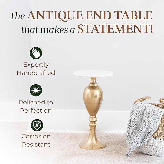 OBJET D'ART Small Round Gold End Tables, Orne, 22'' Height, Vintage Metal Accent, Side, Pedestal, Coctail and Drink Tables for Living Room and Small Spaces