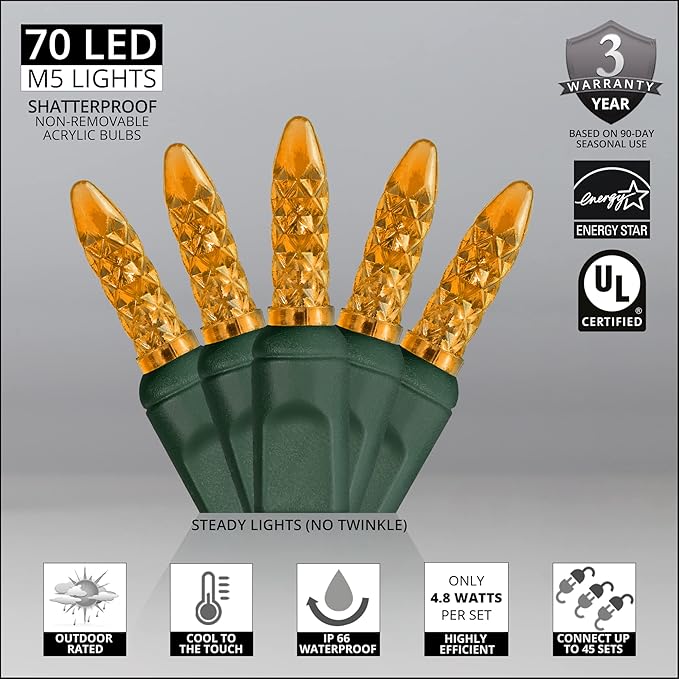 M5 LED Mini Ice Amber Prelamped Light Set, Green Wire - 70 M5 Amber LED Christmas Lights, 4" Spacing