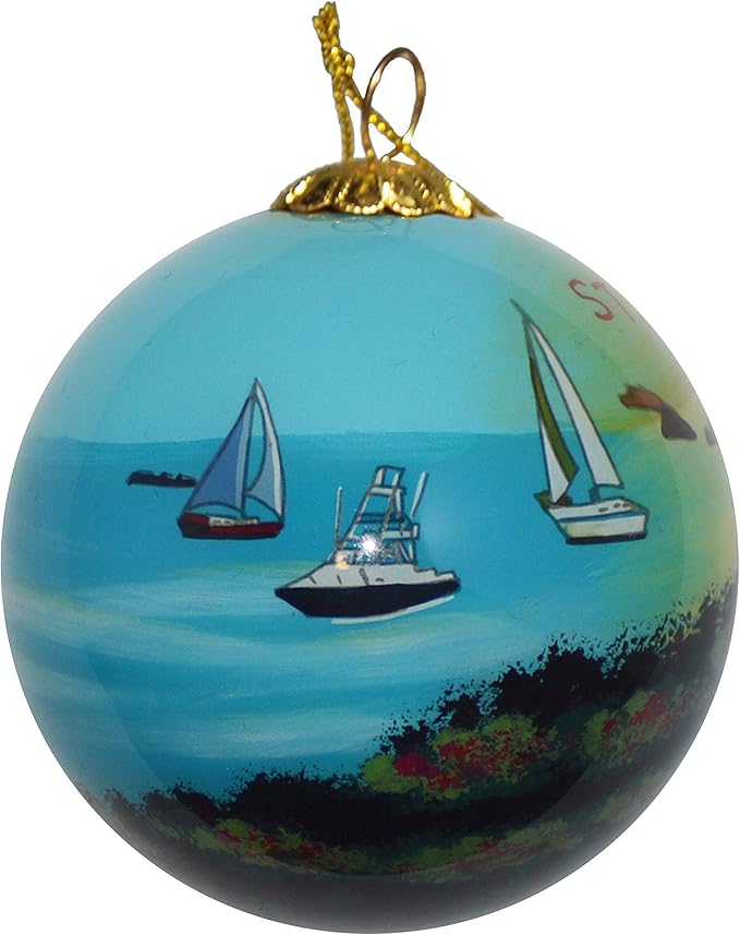 Hand Painted Glass Christmas Ornament - Sailboats View from Hill St. Maarten