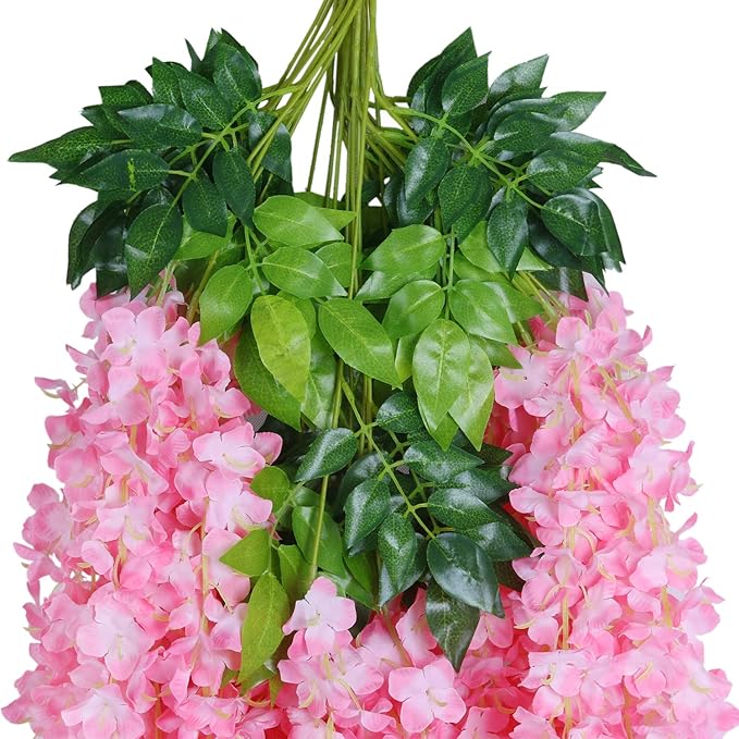 U'Artlines 24 Pack (Total 86.4 Feet) Artificial Fake Wisteria Vine Rattan Hanging Garland Silk Flowers String Home Party Wedding Decor (24, Pink)