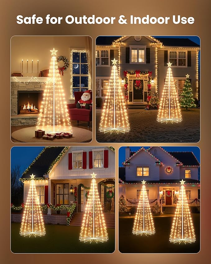 Outdoor Christmas Cone Tree Light with Star Topper, 6ft 265 LED Lightshow Christmas Tree with 8 Modes Timer Remote, Dimmable Artificial Tree for Porch Yard Patio Indoor Decorations, Warm White