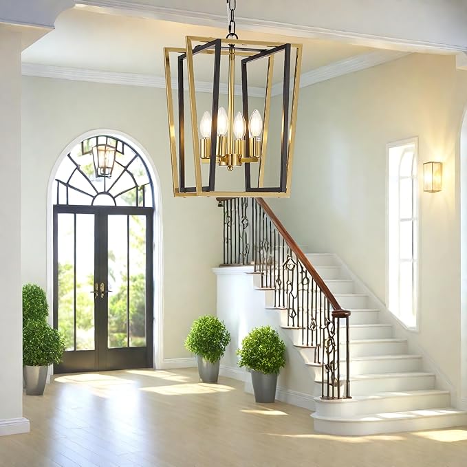 WJShome Industrial 4 Lights Chandelier, Black and Gold Lantern Ceiling Light Fixtures, Adjustable Height Farmhouse Geometric Hanging Light for Kitchen Island, Dining Room, Entryway