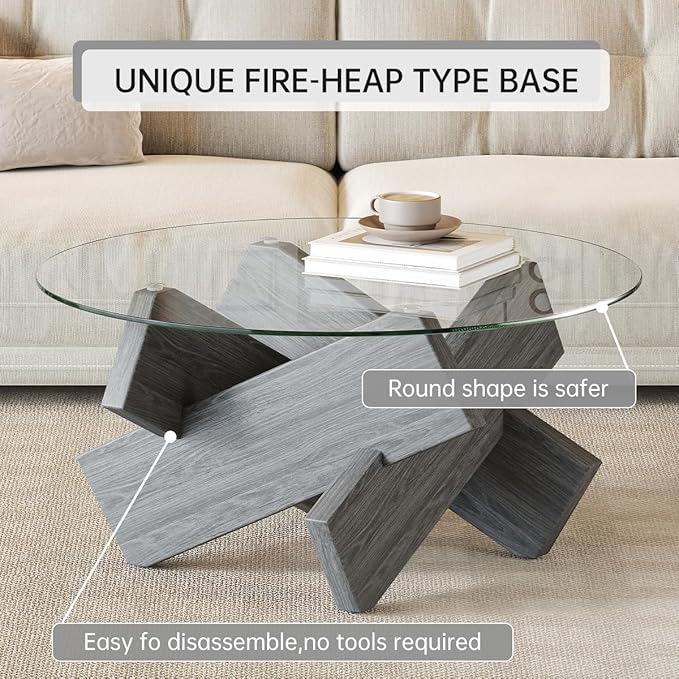 Gray Round Glass Coffee Table,33-Inch Coffee Tables for Living Room Clear Circle Accent Table Adapts to Farmhouse and Contemporary Decor