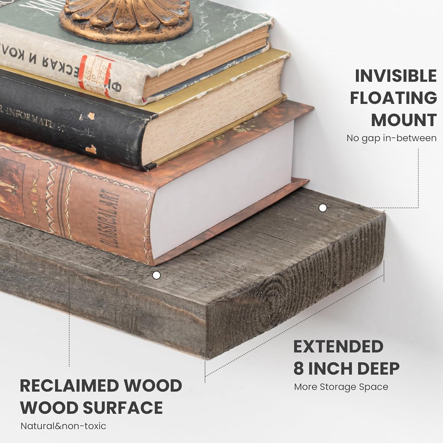 72 inch Floating Shelves for Wall, 8" Deep Rustic Reclaimed Barnwood Shelves, Floating Shelf Wall Hanging Shelves with Invisible Heavy-Duty Metal Bracket | Wall Mounted | Farmhouse Style, 1PC,Grey