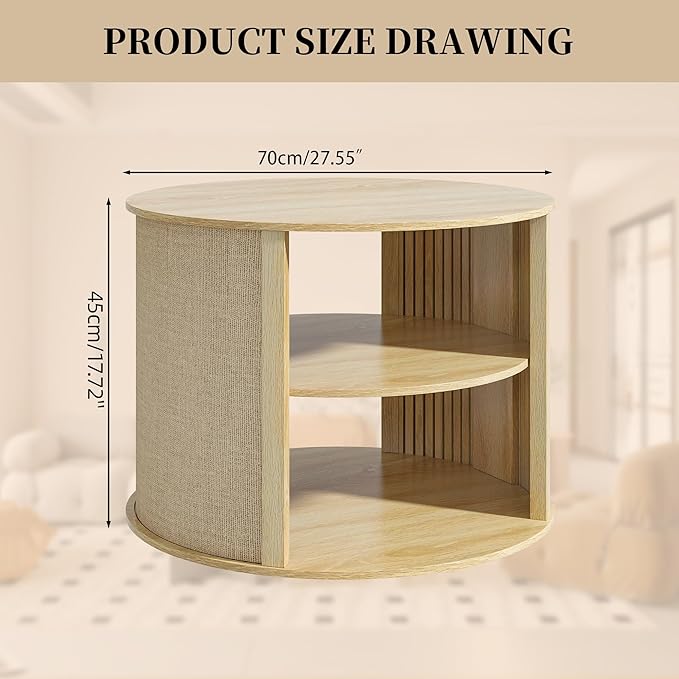 Wood Round Coffee Table with Storage, 2-Tier Boho Wooden Center Coffee Table with Adjustable Shelf, Sackcloth Finish, Farmhouse, for Living Room, 27.5 Inches
