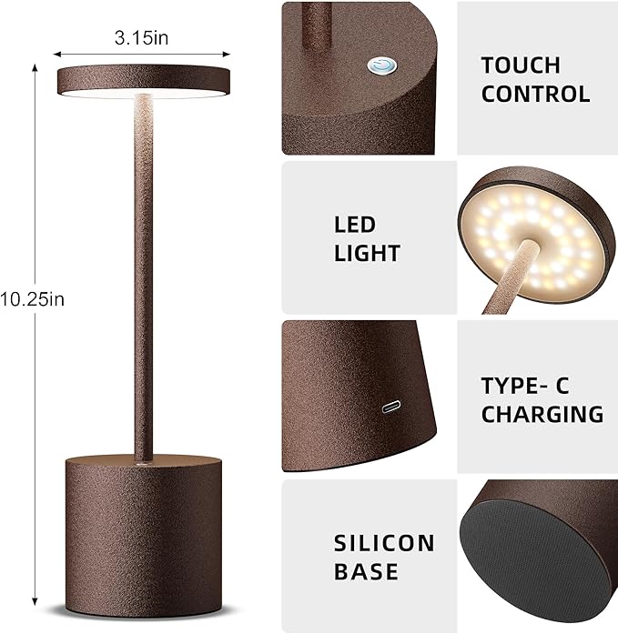 Cordless Table Lamps Rechargeable - Outdoor Waterproof LED Table Light Portable 5000mAh Battery Operated Lamp 3 Color Stepless Dimming with Memory Function for Restaurant Dining Patio Rust