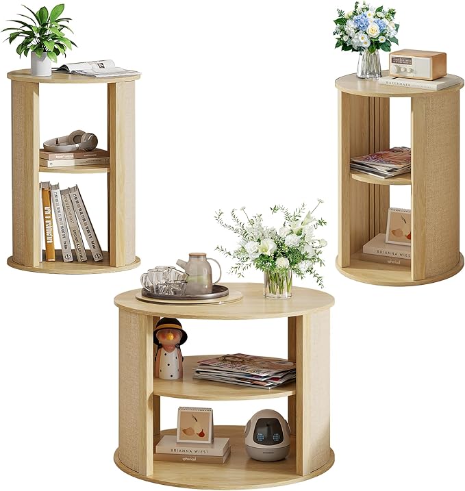 Wood Round Coffee Table Set of 3, 2-Tier Farmhouse Circle Center Coffee Table and End Table Sets with Adjustable Shelf, Sackcloth Finish, Boho, for Living Room, 27.5 Inches, Nature