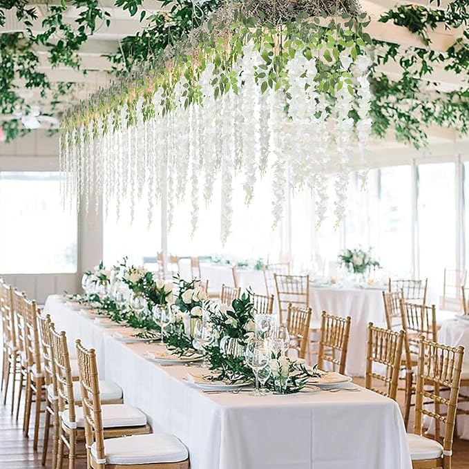 U'Artlines 48 Pack (Total 172.8 Feet) Artificial Fake Wisteria Vine Rattan Hanging Garland Silk Flowers String Home Party Wedding Decor (48, White)