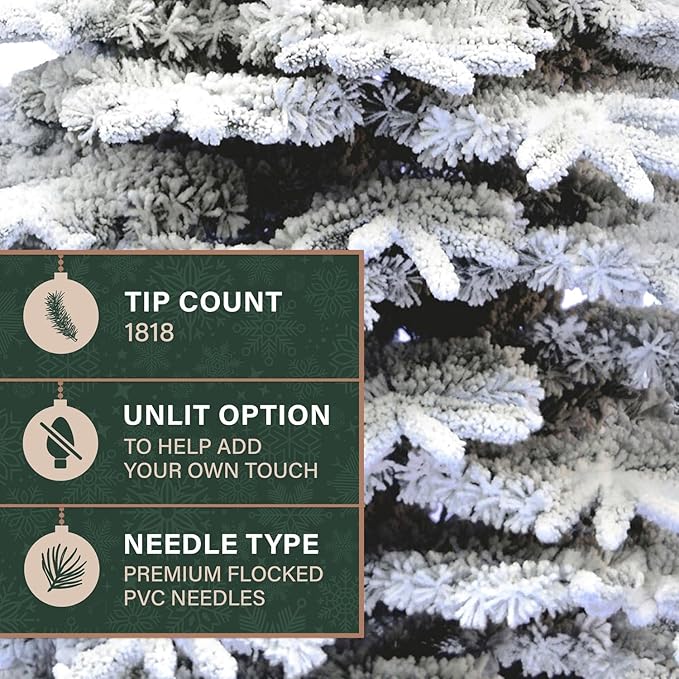 Fraser Hill Farm 9-Ft. Pine Valley Flocked Christmas Tree, Snowy Xmas Tree with DIY Potential with No Attached Lights, Artificial Christmas Tree with Metal Base, Easy to Set up