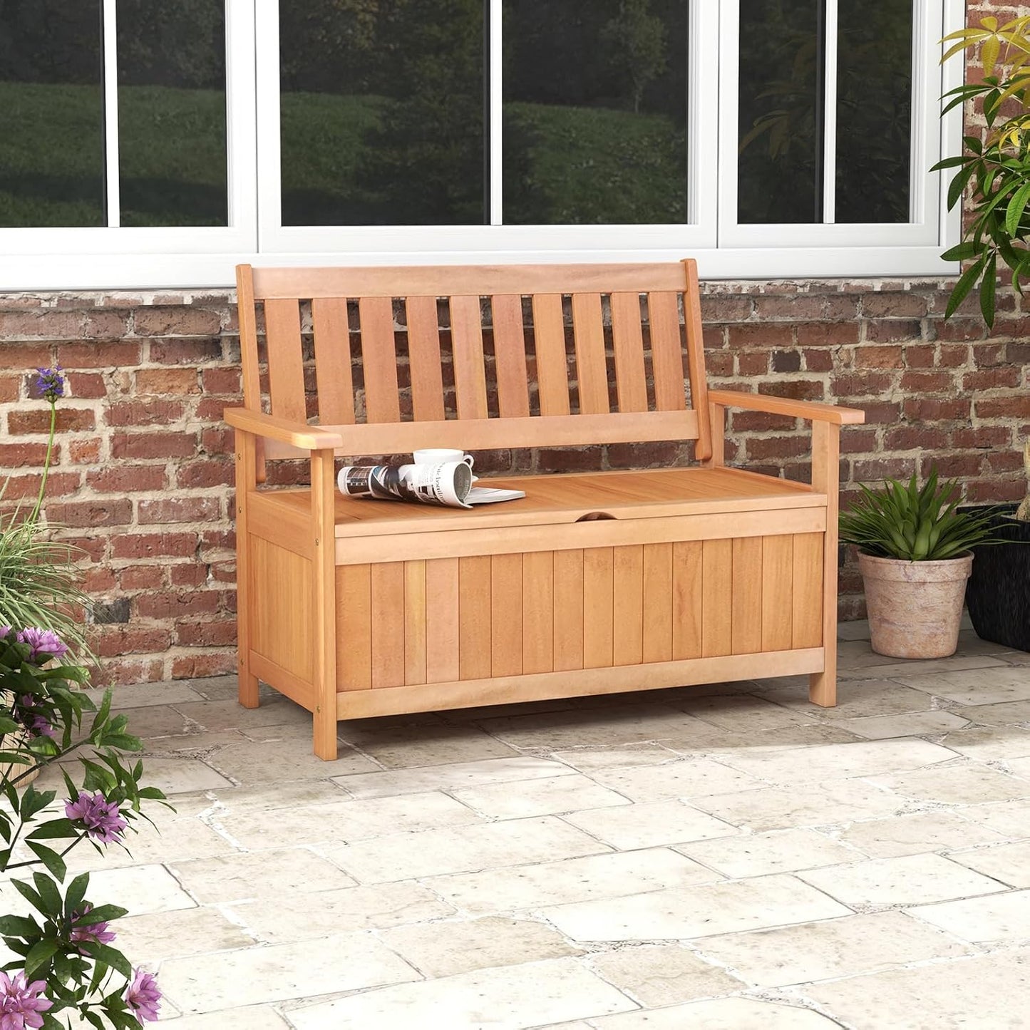 Tangkula 48 Inch Outdoor Wood Storage Bench Deck Box, Wooden Storage Loveseat with 34.2 Gal Inner Space, Entryway Bench Deck Box with Slatted Backrest, Storage Seat for Garden, Lawn, Balcony & Porch