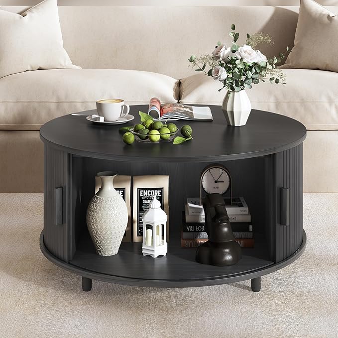 31.5 Inch Round Coffee Table, Fluted Coffee Tables with Storage, Mid-Century Modern Center Tables, Living Room Table with Sliding Door and Wood Handle for Living Room, Black