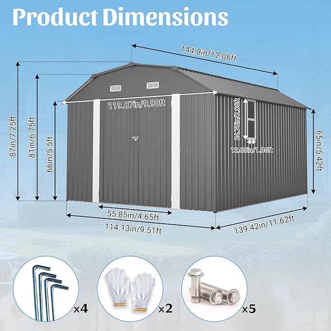 10x12 FT Outdoor Storage Shed with Floor Frame Kit, Heavy Duty Rust-Resistant Steel Tool Shed, Waterproof Metal Storage Building with Lockable Doors for Backyard Garden Patio, Gray