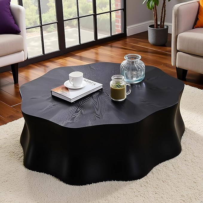 35.4" Square Coffee Table for Small Spaces, Black Flower Petal Design with Sturdy MDF Top, Low Profile Modern Minimalist Accent Center Table for Apartment, Lounge, Office