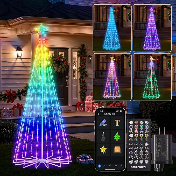 Smart Christmas Cone Tree LED Light, 6ft 265 LED Music Sync with Remote APP and Local Control, Pattern and Text Displayable, 16 Million Colors LED Light Show Tree for Indoor Outdoor Decorations