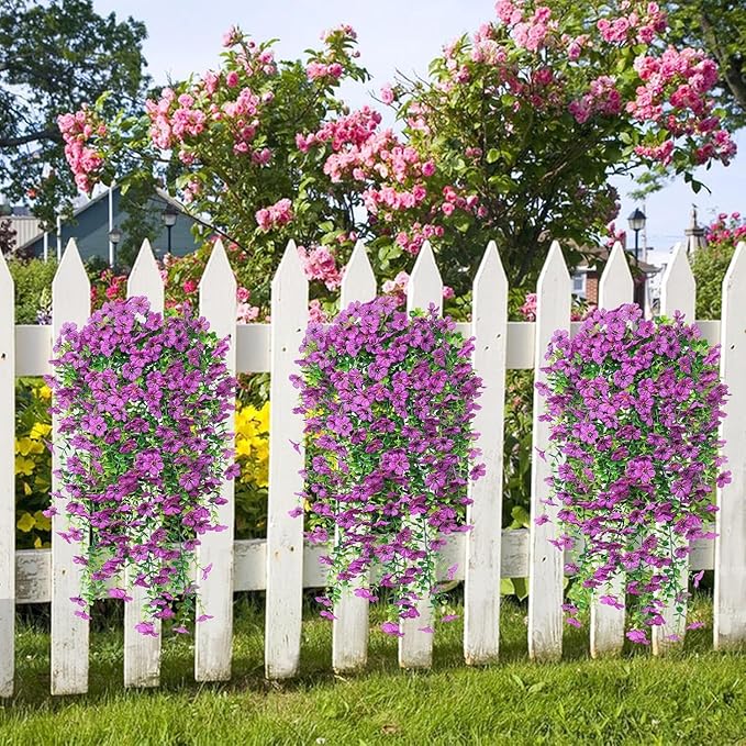 EROCK Artificial Flowers for Outdoors, 4PCS Fake Silk Hanging Flowers for Decoration UV & Fading Resistant, Realistic Faux Plants & Flowers for Porch Patio Balcony Window Box Home Decor (Purple)