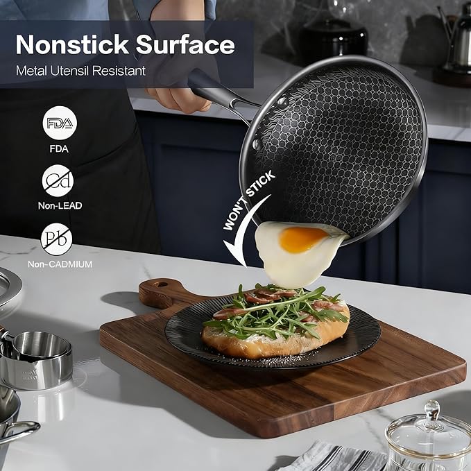 Non Stick Frying Set, 8, 10 and 12-Inch Hybrid Non Toxic Fry Pan Skillet with Lids, Dishwasher and Oven Safe, Induction Ready, Silver Kitchen Cookware set (7-Pcs Pan Set)
