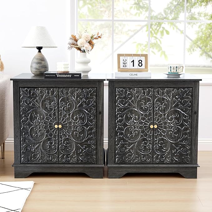 End Table Set of 2, 24" Farmhouse Nightstand with Carved Floral Door & Adjustable Shelf, Square Wooden Sofa Side Table with Storage for Living Room Bedroom (Antique Black-Brown)