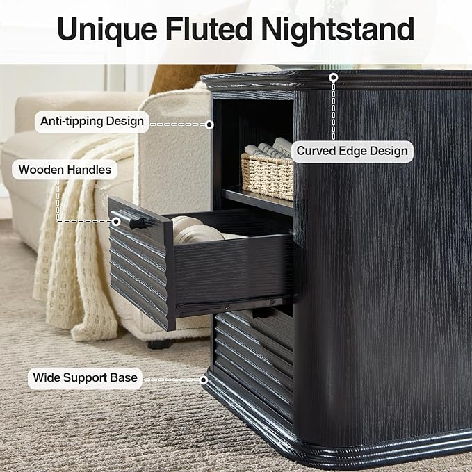 Okvnbjk 22" Fluted Night Stand with Charging Station, Modern End Table with 2 Drawers & Open Storage, Stylish Bedside Table for Living Room, Bedroom, Side Tables Curved Profile Design, Black