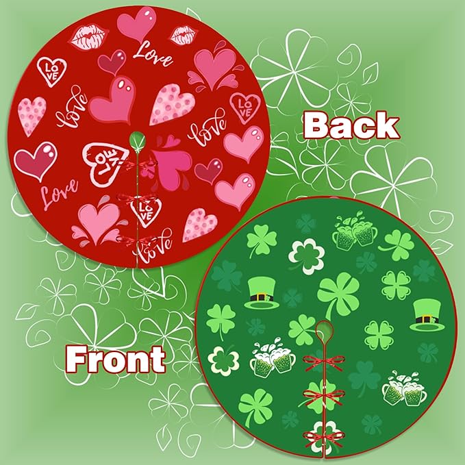 36 Inch Valentine's Day Tree Skirt Love Heart Clover Double Sided Print Mat St. Patrick's Day Tree Skirt Christmas Tree Skirt for Holiday Party Decoration