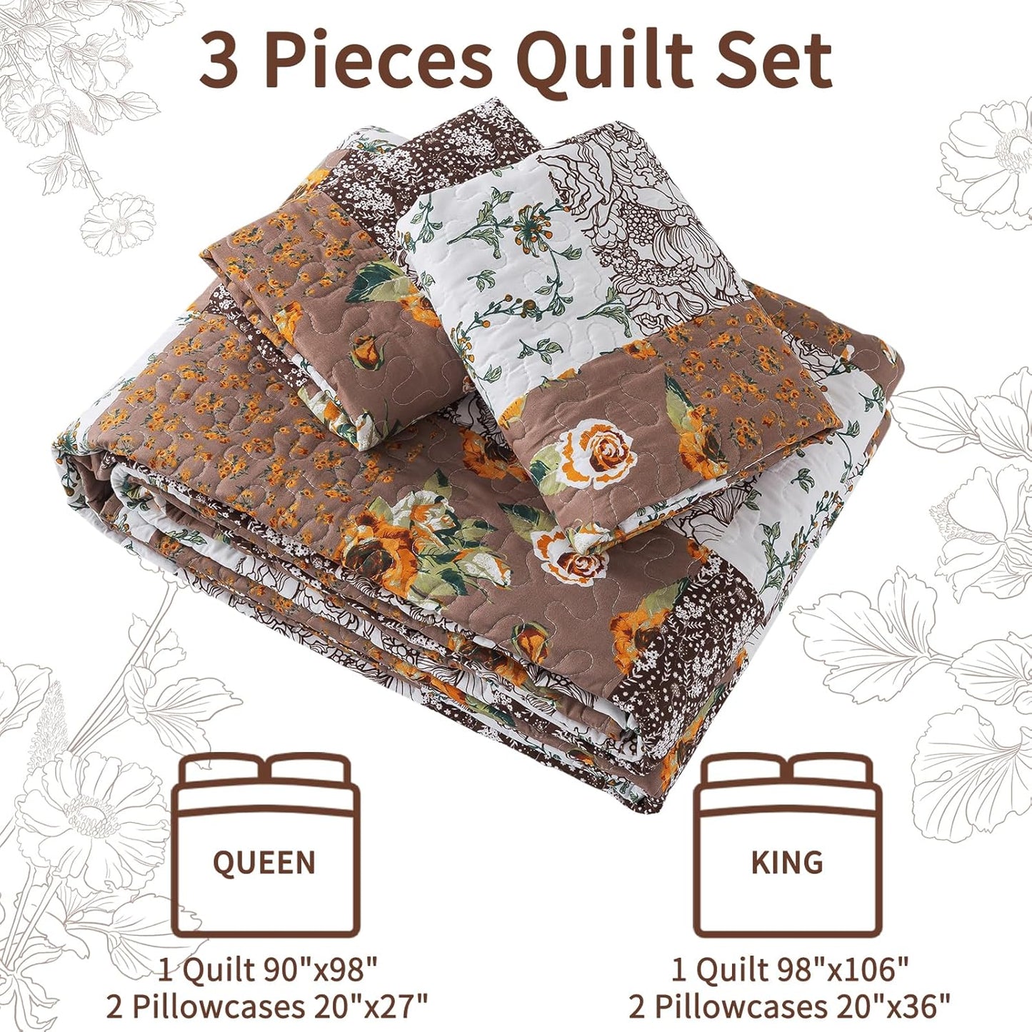 VAPUTAR King Size Quilt Set, Farmhouse King Quilt Bedding Set with Floral Plaid Pattern, Soft and Breathable Coverlet Set, Lightweight Reversible Bedspread Coverlet Suitable for All Season.