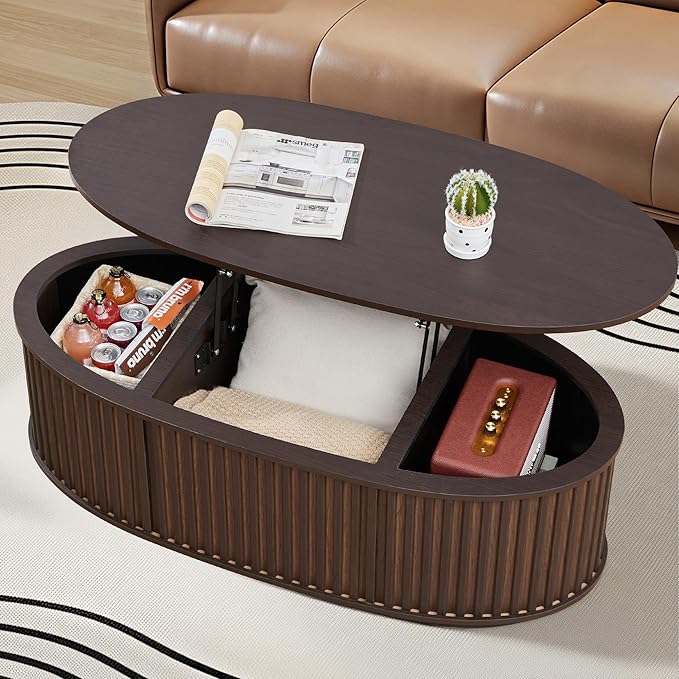Oval Lift Top Coffee Table, 43.3'' Fluted Coffee Table with Hidden Storage Compartment, Mid Century Modern Dining Table Wooden Center Table for Living Room, Office, Small Spaces (Dark Brown)