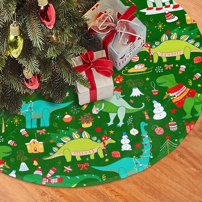 Cute Christmas Dinosaur Christmas Tree Skirt 36 Inches Animal Tree Skirt Xmas Tree Mat Holiday Party Supplies Christmas Tree Decorations