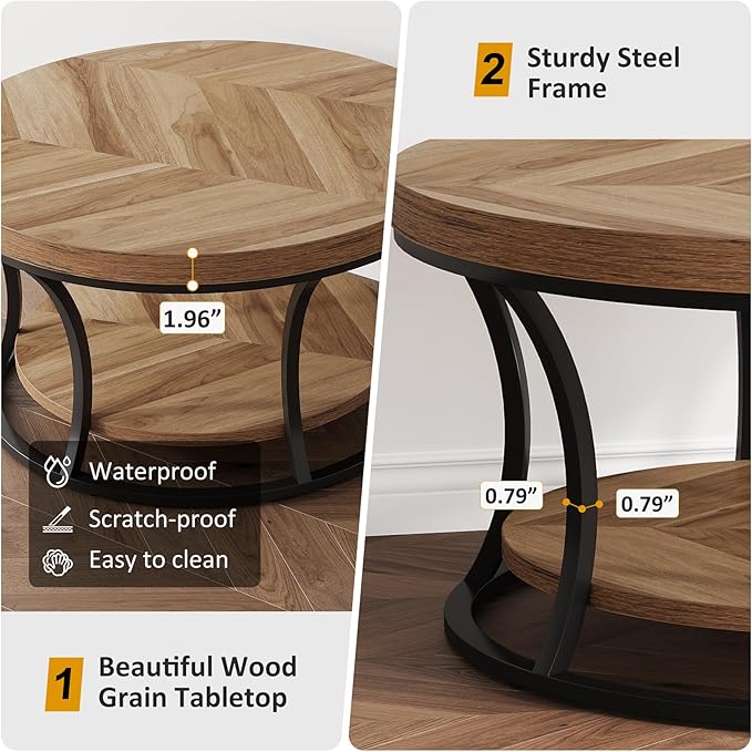 Round Coffee Table for Living Room, 2-Tier Circle Coffee Table with Storage, Accent Center Table Modern Design, Wooden Grain and Black