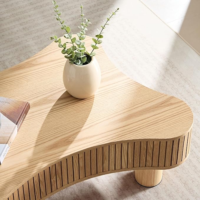 WILLIAMSPACE 42.52" Wooden Coffee Table, Modern Luxury Handcraft Wood Circle Drum Coffee Table for Living Room, Accent Center Table Side Table with Solid Wood Leg for Apartment (Natural)