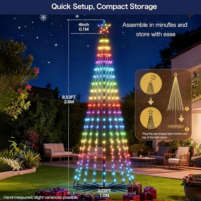 Christmas Cone Tree Lights, 8.5ft 460 LEDs Christmas Tree Lights with App Control, IP67 Waterproof Outdoor String Lights for Xmas Decorations,100+ Scene Modes, Music Sync,Adapter,Black Stand