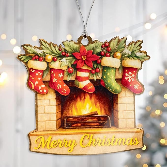 Christmas Fireplace Ornament – Holiday Decor - Christmas Stocking Ornament - Family Christmas Keepsake – Christmas Ornament 2025 – Suncatcher Effect Window Hanging