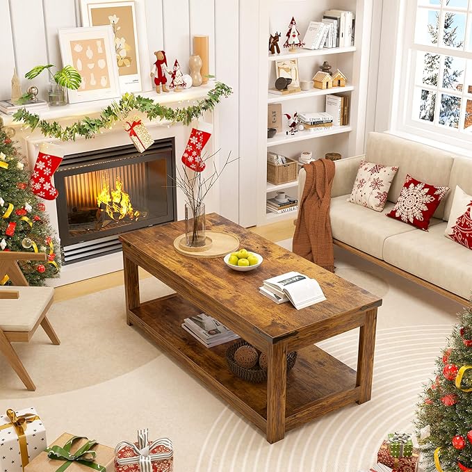 Homieasy Coffee Table with Storage Shelf, 43.3” Farmhouse Wood Coffee Tables for Living Room, Modern Center Tea Table, Rustic Brown