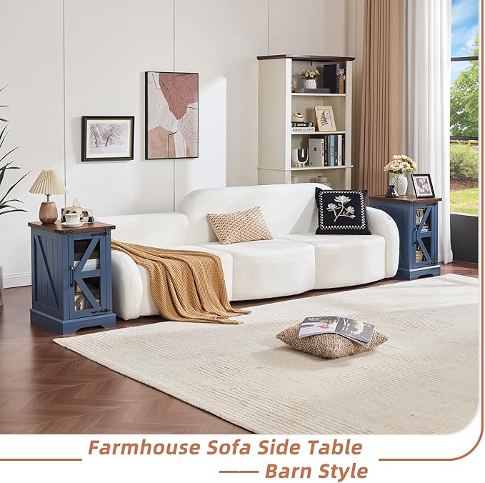 Farmhouse 14'' Side End Table Set of 2, Narrow Night Stand with Glass Barn Door, Storage Bedside Tables, Nightstand Cabinet Organizer for Small Spaces Living Room Bedroom