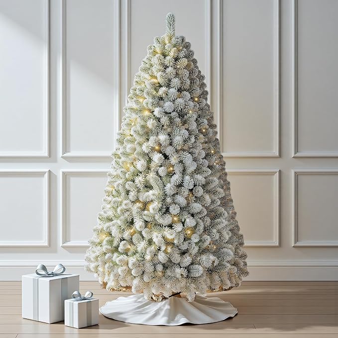 6 FT Prelit Snow Flocked Christmas Tree, Artificial Spruce Christmas Tree with 250 Warm White LED Lights, 850 PVC Branch Tips, Easy Assembly/Metal Stand/Hinged Branches Decoration