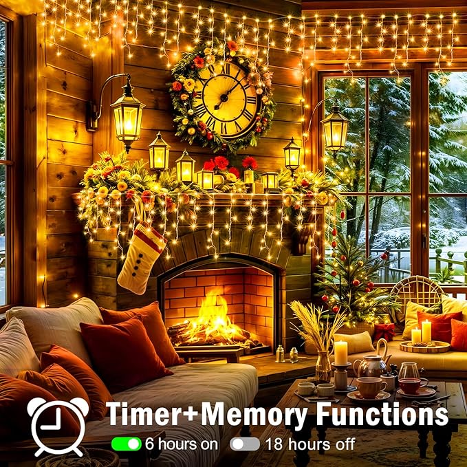 XURISEN 132ft Christmas Lights Decorations Outdoor, 1280 LED 8 Modes Fairy Lights with 240 Drops,Plug in Waterproof Timer Memory Function for Christmas Holiday Wedding Party Decorations(Warm White)