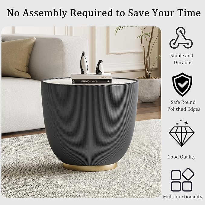 Round Living Room Table Set, 29.53" Orange Drum Center Table and 19.69" Grey Coffee Table Set, 2 Pieces Coffee Table Set with Sintered Stone Tabletop,Fluted PU Leather Covered and Metal Base