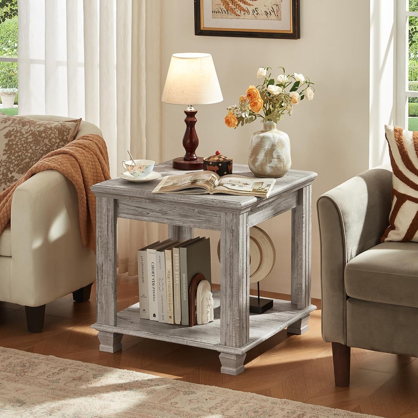 Farmhouse End Table Set of 2,Large Side Table with 2-Tier Storage Shelf,Rustic Wood End Tables for Living Room,Square Tea Table,Gray