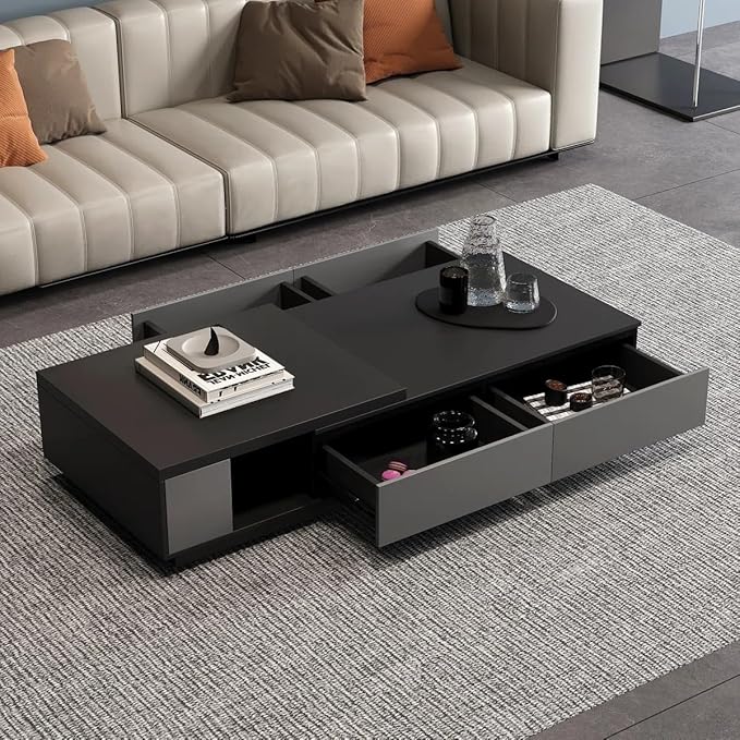 66.14 Inch Coffee Table, Modern Retractable Storage Coffee Table, Rectangular Living Room Table with 4 Drawers Storage for Living Room, Home Office, Black Grey