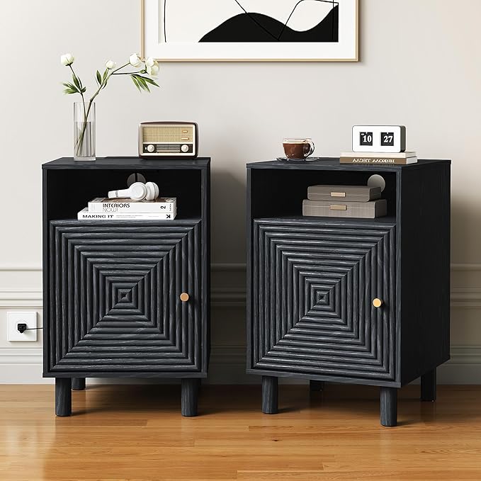 RoyalCraft Nightstand Set of 2, Modern Side Table with Charging Station, Accent End Table with Solid Wood Legs, Bedside Table for Bedroom, Entryway, Black