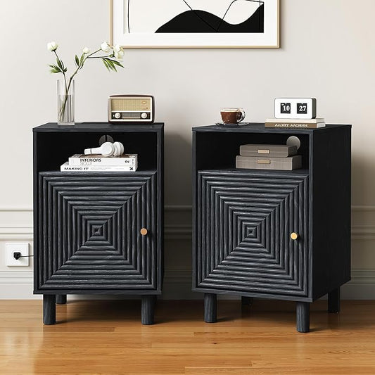 RoyalCraft Nightstand Set of 2, Modern Side Table with Charging Station, Accent End Table with Solid Wood Legs, Bedside Table for Bedroom, Entryway, Black