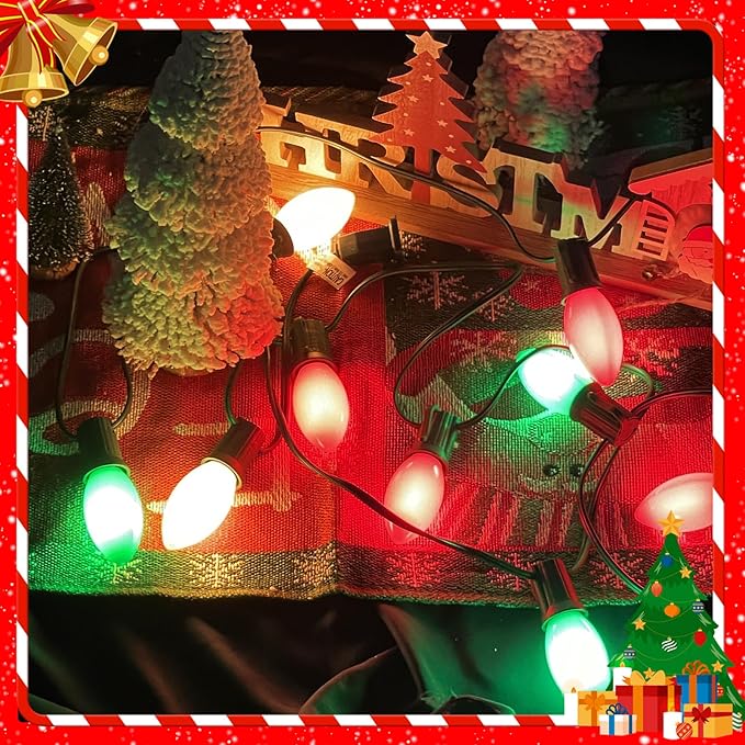 C9 Red Green White Christmas Lights, 25FT Multicolor Christmas Decorations String Lights with 26 Ceramics Bulbs, Connectable Vintage Xmas Tree Decor for Indoor Home Outdoor Patio Holiday Party Garden