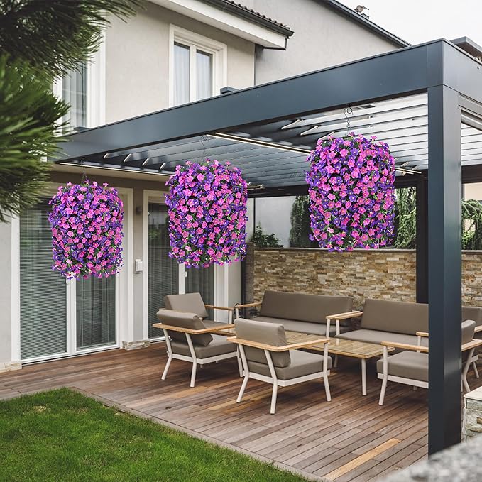Artificial Fake Hanging Flowers with Basket for Outdoor Decoration,UV Resistant Faux Silk Daisy Flowers Dark Purple and Fuchsia Orchid Vines in Planter Realistic Hanging Baskets for Home Porch Garden