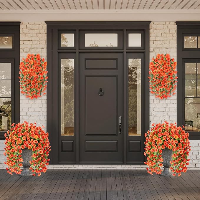 Rich and Eye-catching 5 PCS Artificial Hanging Flowers，Silk Morning Glory Faux Flowers with Eucalyptus Leaves,uv Resistant Fake Hanging Petunias Plants for Yard Decoration(Orange)
